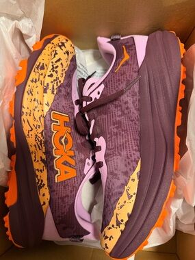 Hoka Trail Shoes in Plum and Bright Orange
